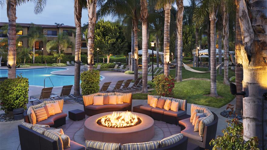 Outdoor fireplace at Hilton Grand Vacations at MarBrisa located in Carlsbad, California.