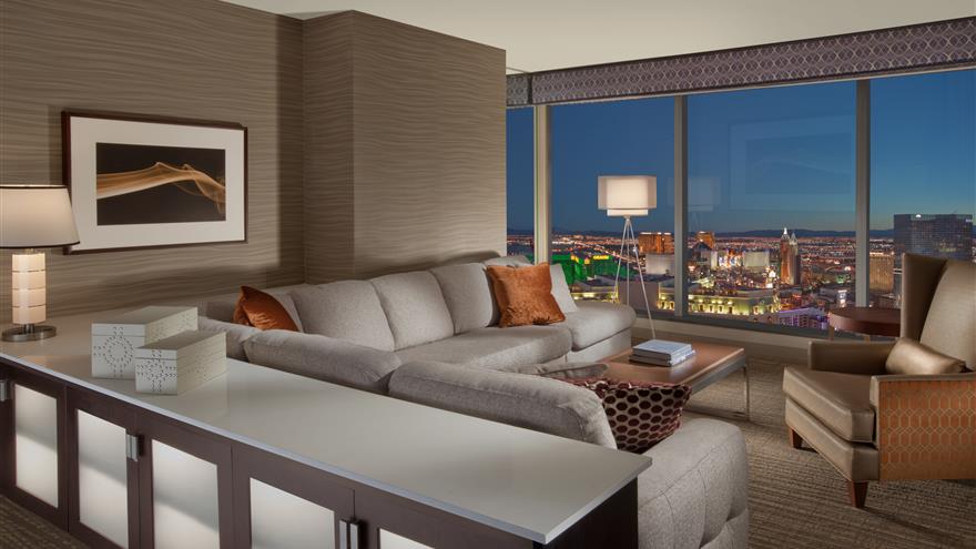 Living room of suite at Elara, a Hilton Grand Vacations Club located in Las Vegas, Nevada.