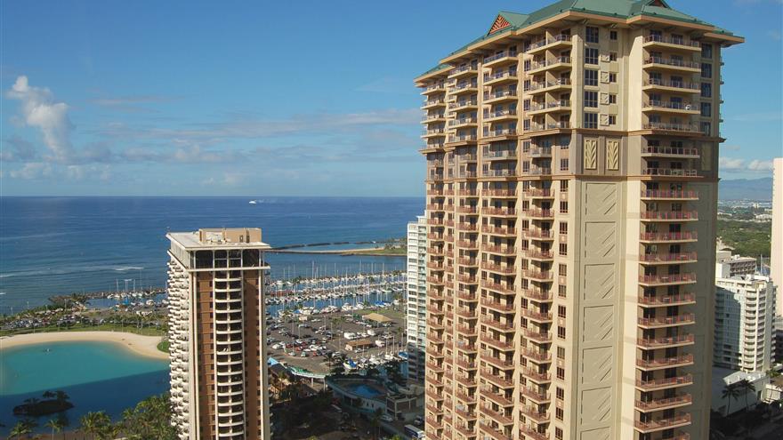 Balcony view of Grand Waikikian, a Hilton Grand Vacations Club located at Waikiki Beach, Oahu, Hawaii.