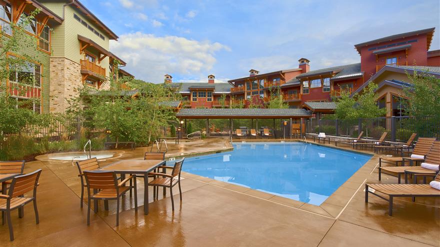 Pool and courtyard at Sunrise Lodge, a Hilton Grand Vacations Club located in Park City, Utah. 