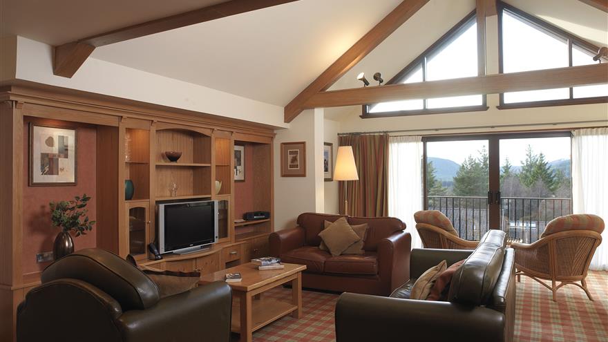 Living area at Craigendarroch Lodges, a Hilton Grand Vacations Club located at Ballater, Scotland, U.K.