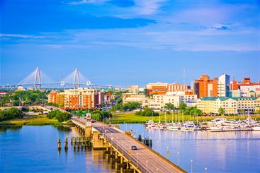 Aerial view of bridge going into Charleston, South Carolina. 