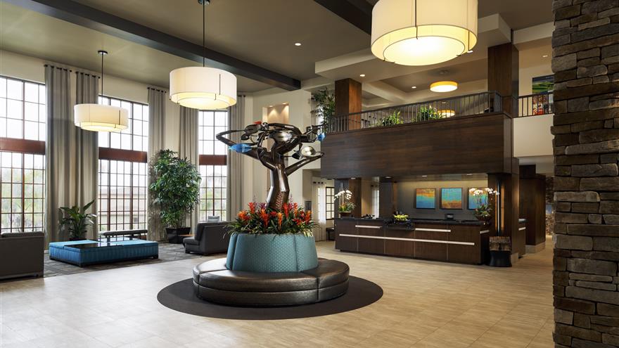 Lobby of Hilton Grand Vacations at MarBrisa located in Carlsbad, California.