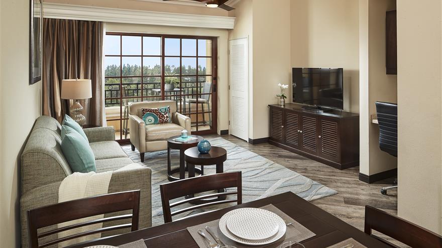 Living room at Hilton Grand Vacations at MarBrisa located in Carlsbad, California.