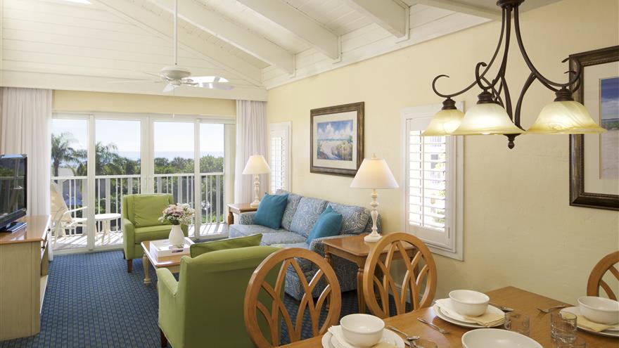 Dining and living area with a view of Sanibel.