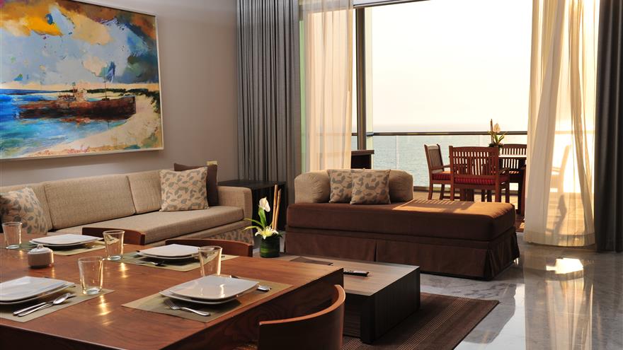 Living area with a view of the ocean at Grand Luxxe Nuevo Vallarta located at Nuevo Vallarta, Nayarit, Mexico.