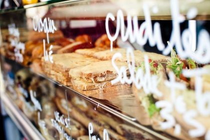 Close up image, Paris street food,  cheesy croque monsieur.  