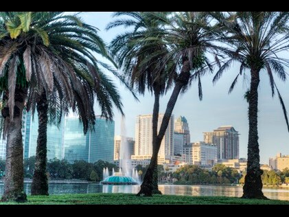 Palm trees and Fountain at Lake Eola Park, Orlando, Florida. 