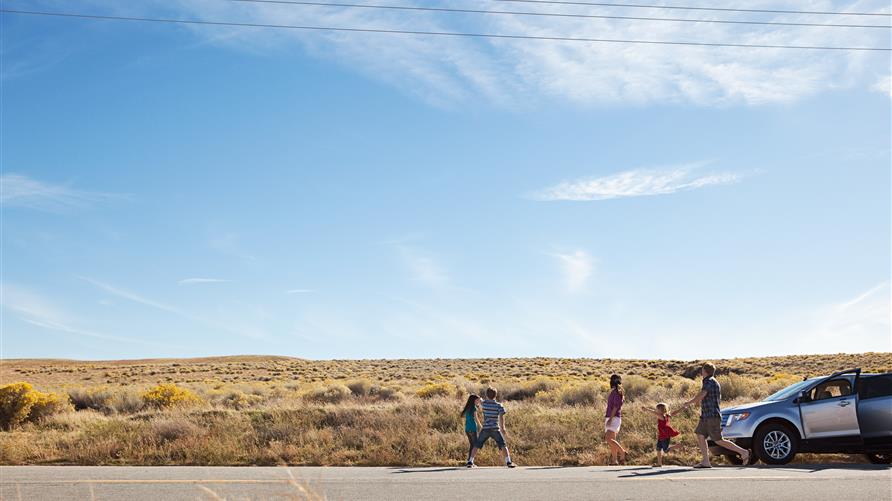 A family stretching their legs on the side of the open road. 