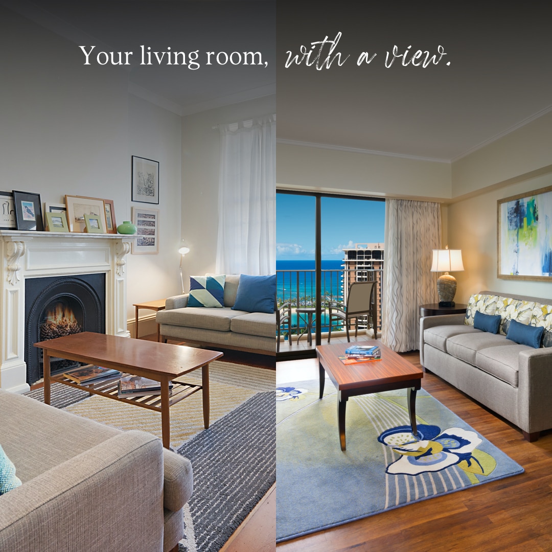A side by side picture of a Hilton Grand Vacations suite living room and a residential living space for a home away of from home comparison. 