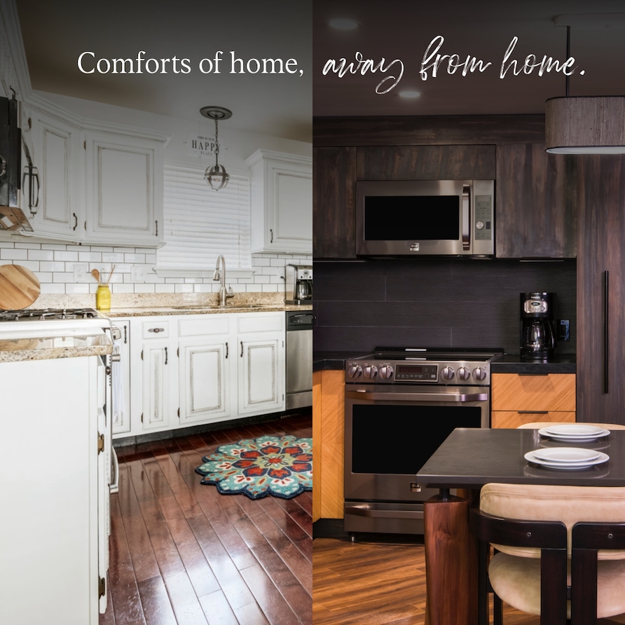 A side by side picture of a Hilton Grand Vacations suite kitchen and a residential kitchen for a home away of from home comparison. 