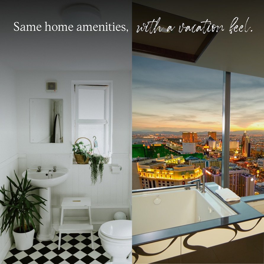Side by side image comparing a home bathroom and a Hilton Grand Vacations bathroom on the Las Vegas Strip. 