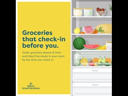 Infographic explaining Hilton Grand Vacations stock my fridge service. 