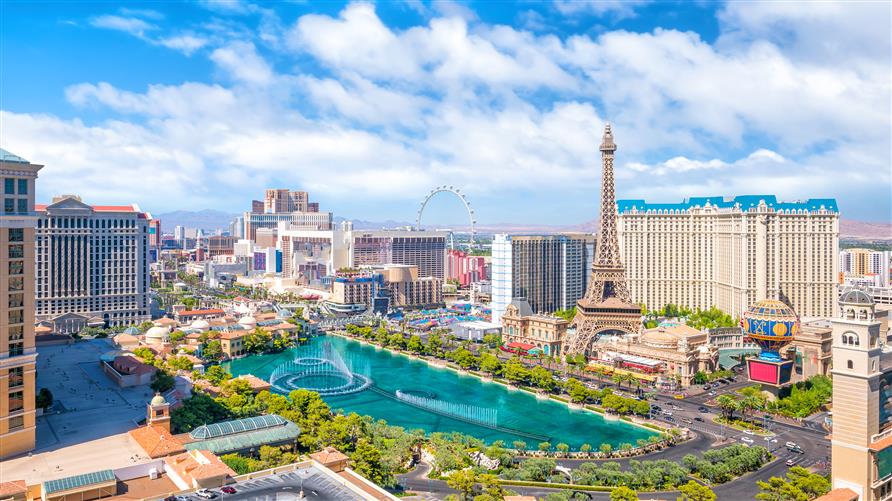Las Vegas skyline on a clear blue day. 