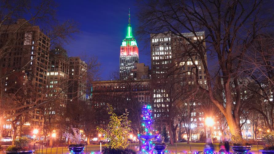Empire State Building lit up for Christmas in New York City.