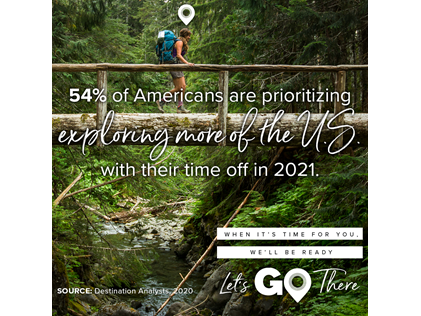 National Plan for Vacation Day promotional image of a woman walking across a bridge in the rainforest. 