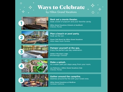 Infographic detailing seven ways to celebrate with Hilton Grand Vacations. 