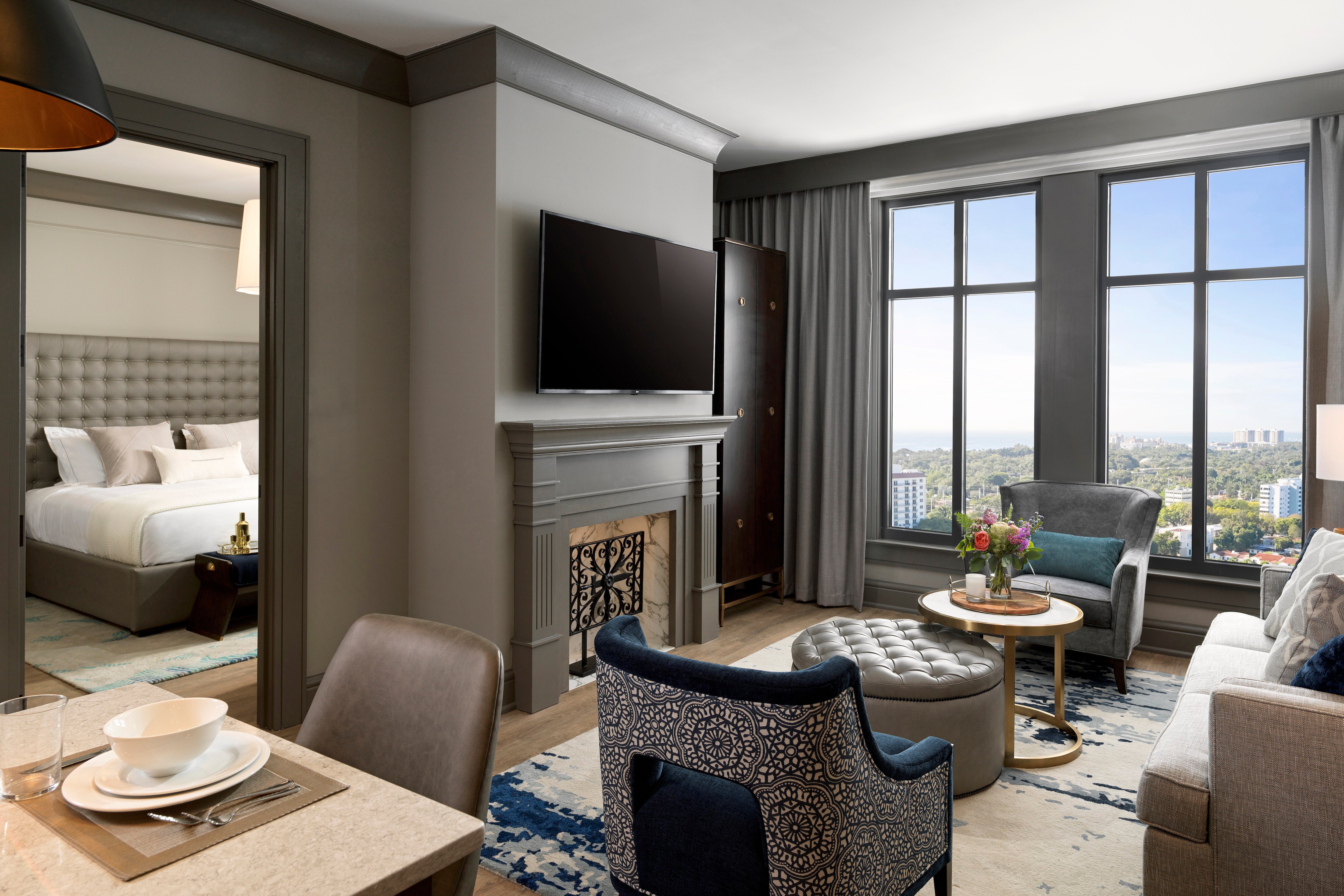1-bedroom suite interior view, including living room and kitchen at Liberty Place Charleston by Hilton Club in South Carolina. 