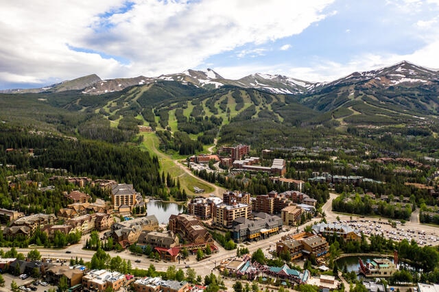 Aerial view of Breckenridge, Colorado during warmer months. 