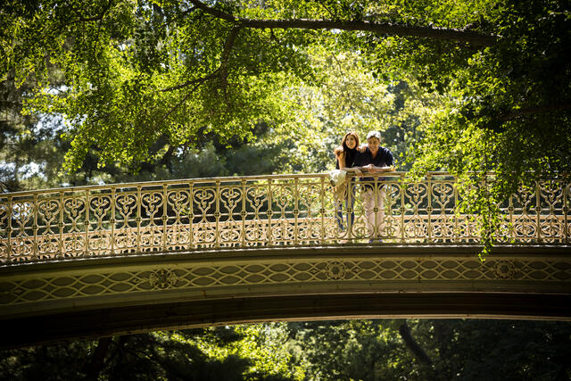 Couple standing together and enjoying romantic scenery on bridge in Central Park in New York City. 