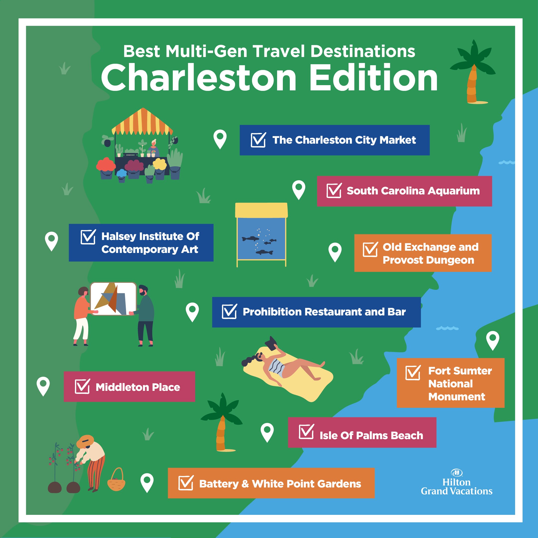 Infographic map explaining things to do in Charleston, South Carolina. 