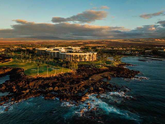 Aerial view Ocean Tower by Hilton Grand Vacations Big Island resort in Hilton Waikoloa Village in Hawaii. 