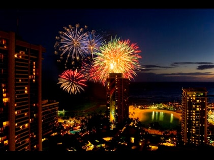 Friday night fireworks at Hilton Hawaiian Village on Oahu in Hawaii. 