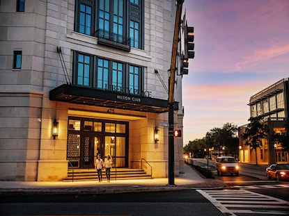 Exterior shot at sunset of Liberty Place by Hilton Club in Charleston, South Carolina. 
