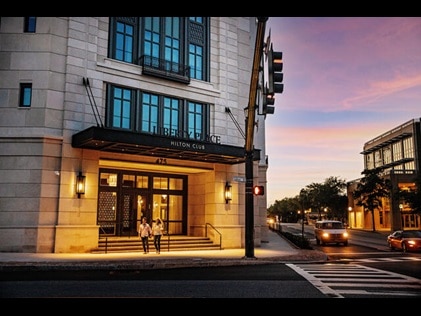 Exterior shot at sunset of Liberty Place by Hilton Club in Charleston, South Carolina. 