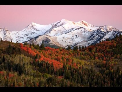 Snowcapped mountains nestled among fall colored trees and pink painted sunset skies in Park City, Utah. 