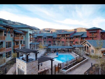 Aerial shot of pool and grill area at Sunrise Lodge, a Hilton Grand Vacations Club in Park City, Utah. 