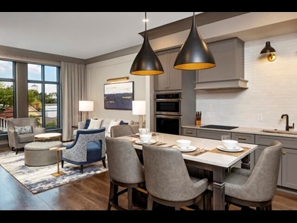 Interior shot of Liberty Place Charleston by HIlton Club suite, including full kitchen and living space. 