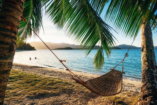 Hammock hanging between palm trees with two people frolicking in the ocean in the background. 