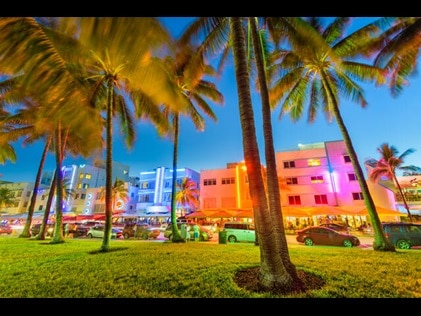 Ocean Drive lighting up the night sky in Miami Beach, Florida. 