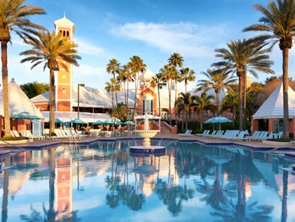 Pool view at Hilton Grand Vacations at SeaWorld in Orlando, Florida. 