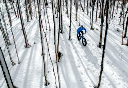 Aerial shot of man riding a fat tire bike in a snow covered forest. 