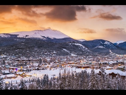 Aerial view of snowcovered Breckenridge, Colorado, at sunset. 