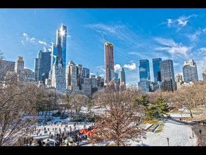 Aerial shot of ice skaters at Bryant Park at wintertime, New York, New York. 