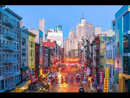 Aerial view of China Town illuminated for the Chinese New Year, New York, New York. 