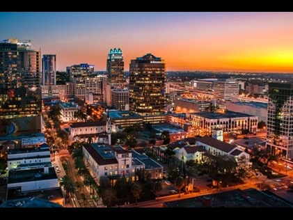 Downtown Orlando skyline at sunset, Florida. 