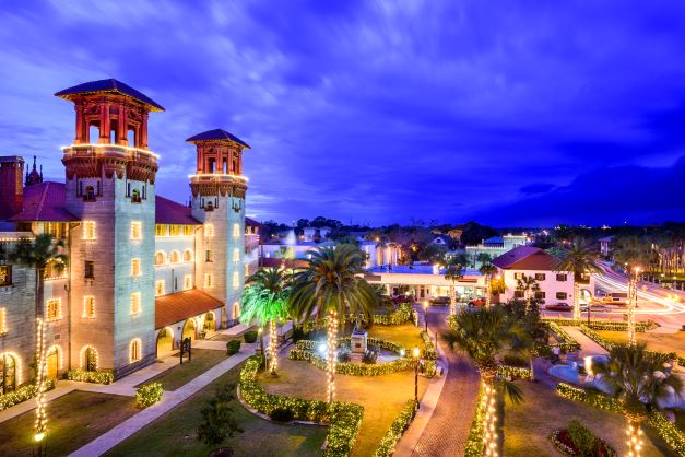 Aerial shot of St. Augustine, Florida, lit up for its annual Nights of Lights. 