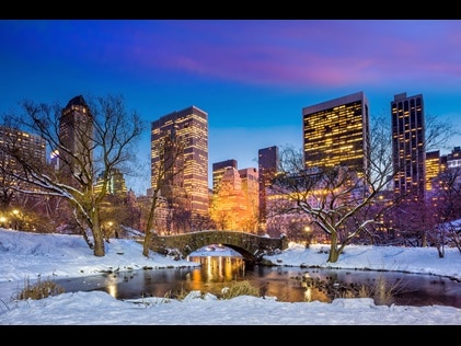 New York City at nighttime during winter.