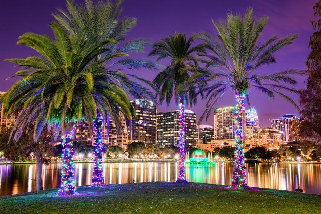 Downtown Orlando skyline lit up at night, framed by palm trees adorned with holiday lights, Orlando, Florida. 