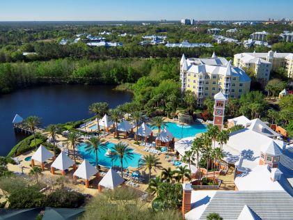 Aerial view of outdoor pool space at SeaWorld Orlando, a Hilton Grand Vacations Club in Orlando, Florida