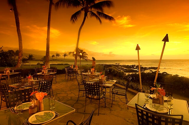 Sweeping oceanviews at sunset at Kamuela Provision Company, Hilton Waikoloa Village®, Big Island, Hawaii.