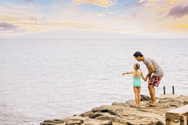 Father and young daughter looking out to sea.