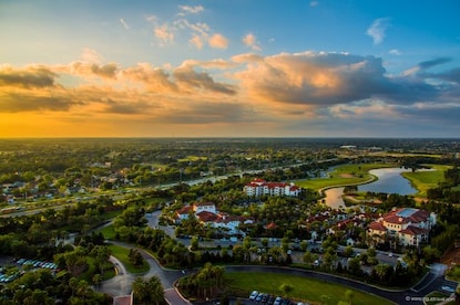 Picturesque aerial view of Orlando's urban sprawl at sunset, Florida. 