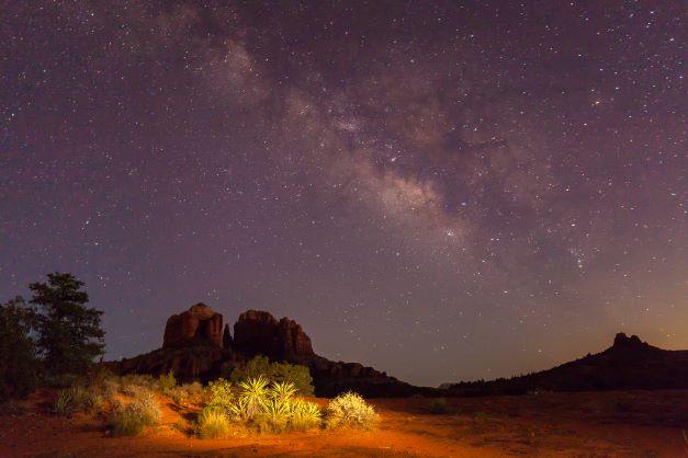 Sedona desert at dusk with the Milky Way sparkling overhead, Airzona. 