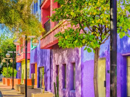 Colorful stucco buildings of La Placita Village in downtown Tucson, Arizona
