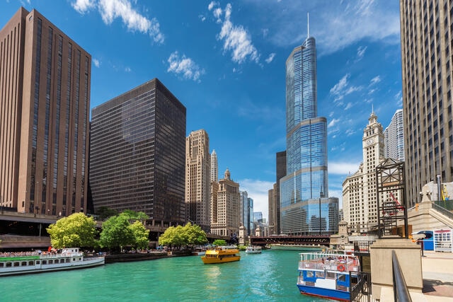 Stunning image, boat on waterway, Chicago, Illinois. 